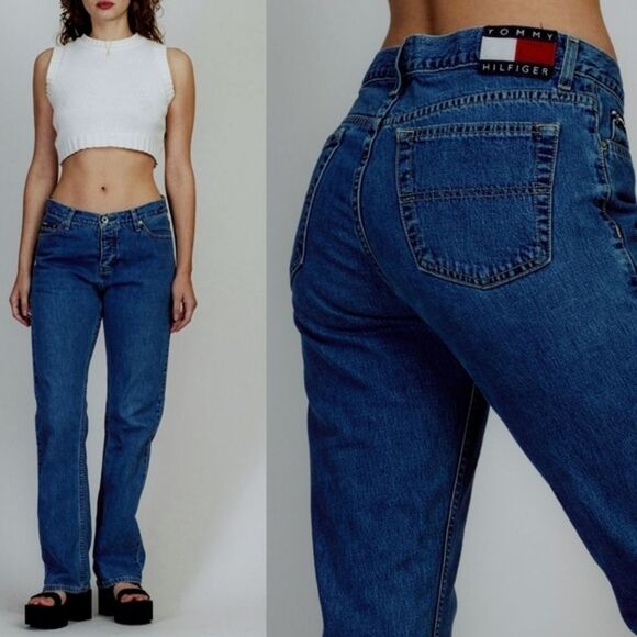 Vintage 90s Tommy Hilfiger Hipster Straight Leg Dark Wash Tommy Jeans Fits 4-6 - Picture 1 of 13